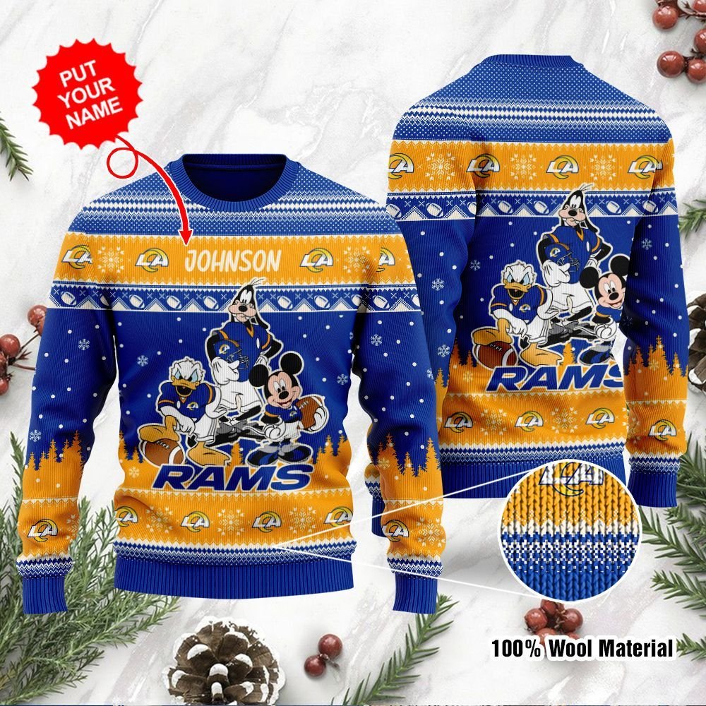 Los Angeles Rams Disney Donald Duck Mickey Mouse Goofy Personalized Ugly Christmas Sweater Los Angeles Rams Disney Donald Duck Mickey Mouse Goofy Personalized Ugly Christmas Sweater