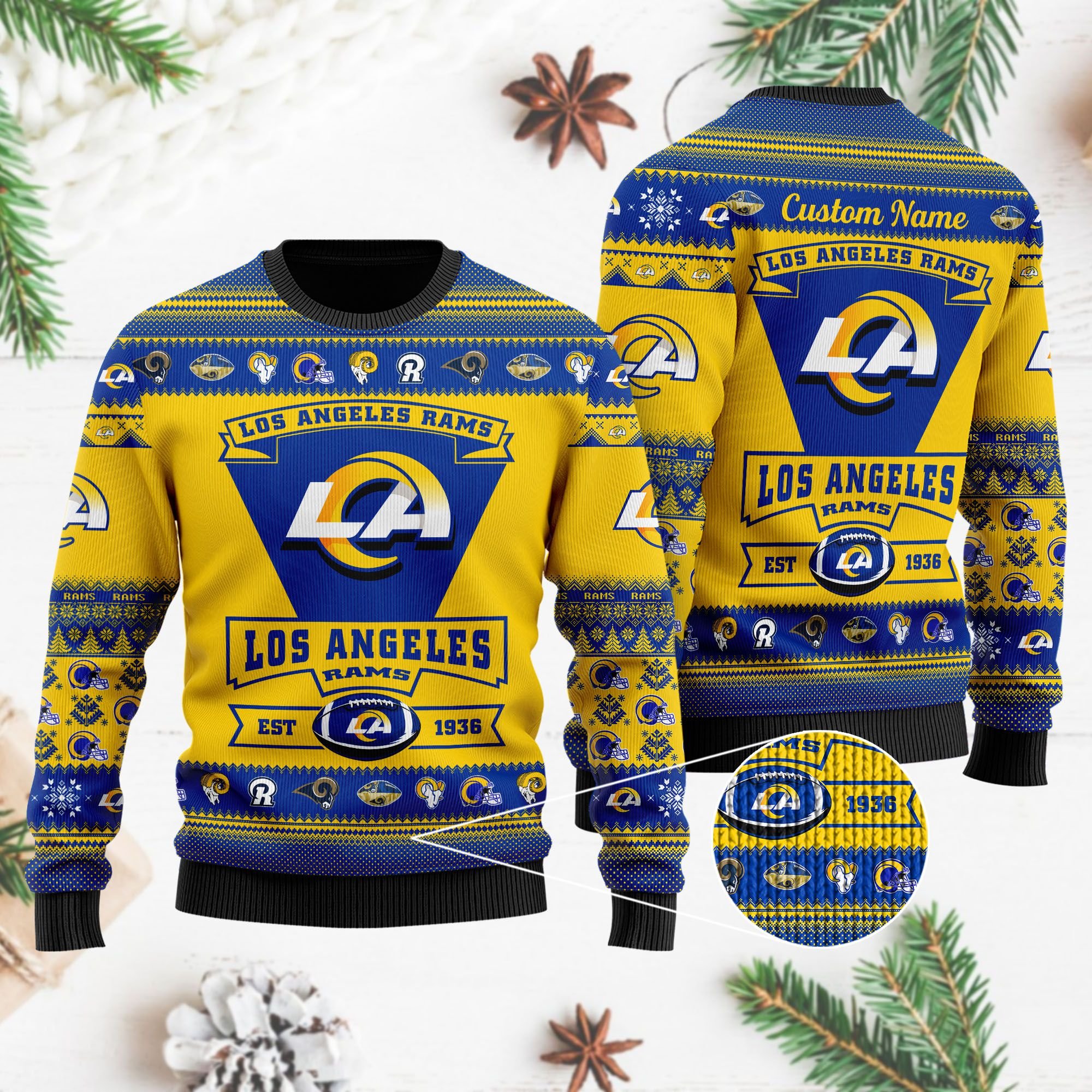 Los Angeles Rams Football Team Logo Custom Name Personalized Ugly Christmas Sweater Los Angeles Rams Football Team Logo Custom Name Personalized Ugly Christmas Sweater