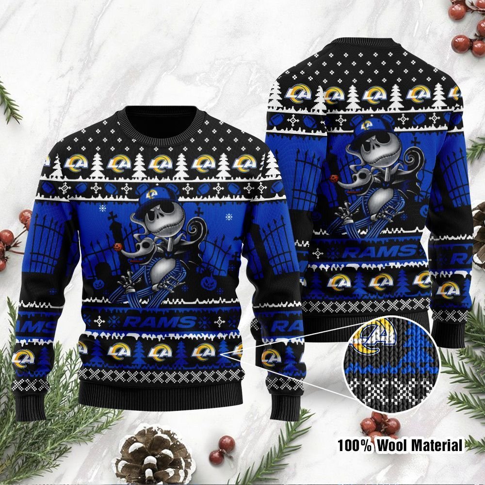 Los Angeles Rams Jack Skellington Halloween Ugly Christmas Sweater Los Angeles Rams Jack Skellington Halloween Ugly Christmas Sweater