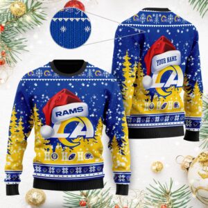 Los Angeles Rams Symbol Wearing Santa Claus Hat Ho Ho Ho Custom Personalized Ugly Christmas Sweater
