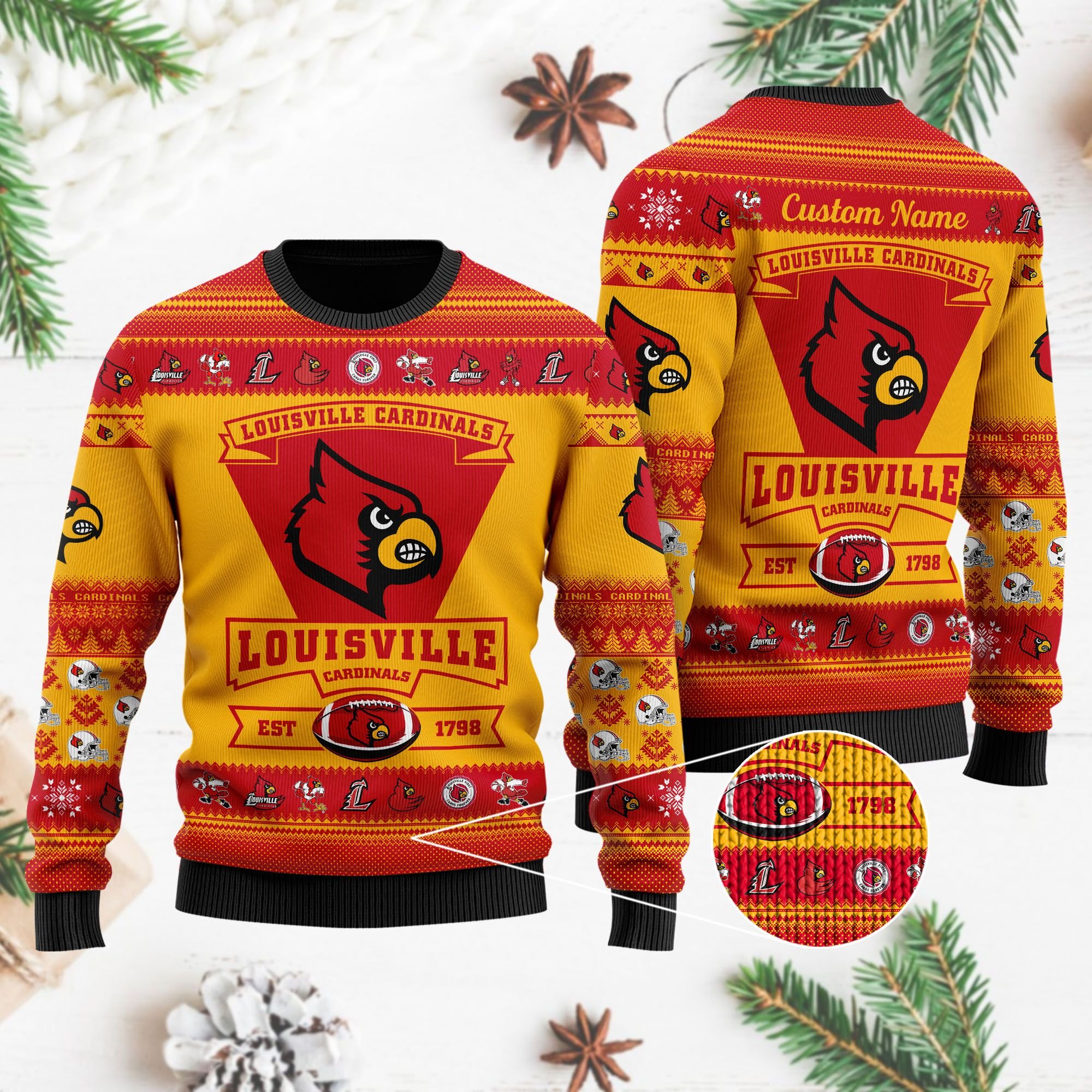 Louisville Cardinals Football Team Logo Personalized Ugly Christmas Sweater Louisville Cardinals Football Team Logo Personalized Ugly Christmas Sweater