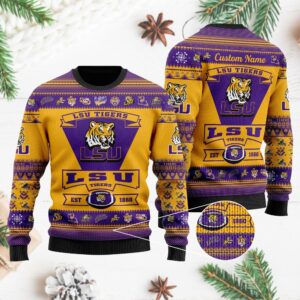 LSU Tigers Football Team Logo Custom Name Personalized Ugly Christmas Sweater