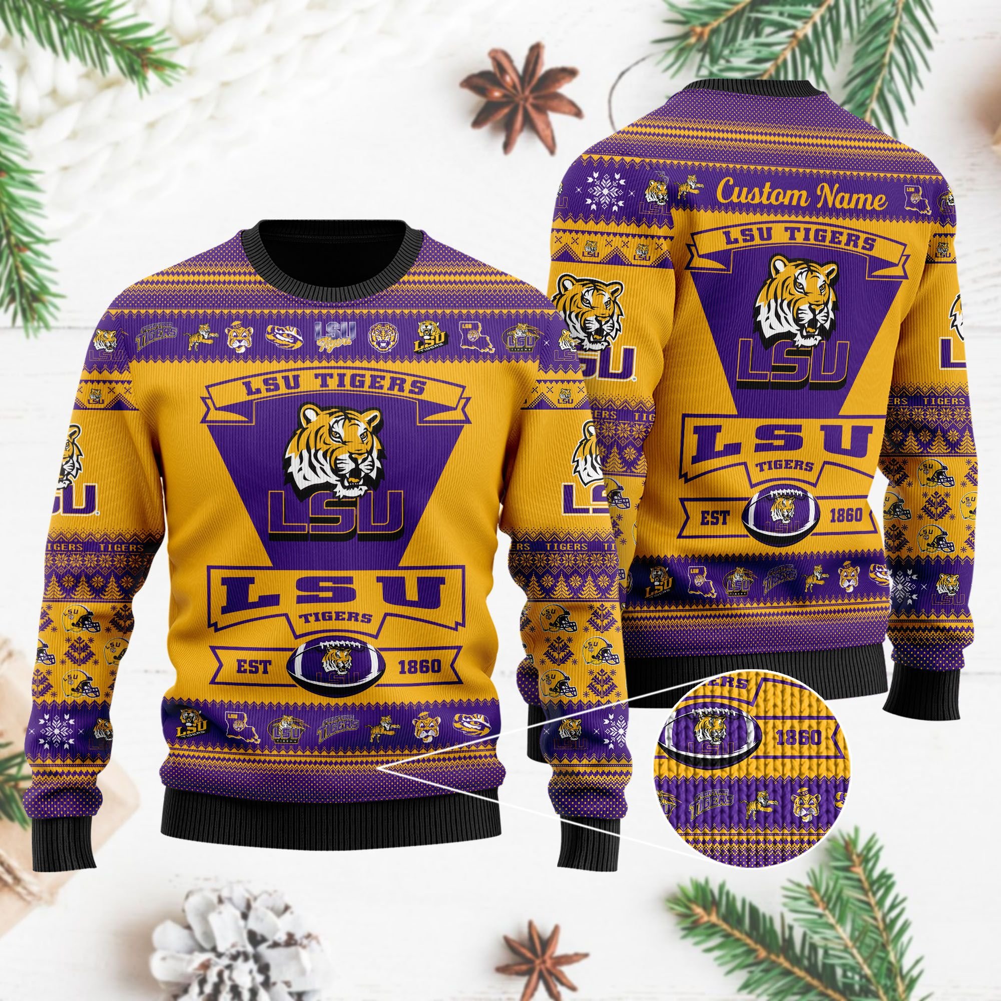LSU Tigers Football Team Logo Custom Name Personalized Ugly Christmas Sweater LSU Tigers Football Team Logo Custom Name Personalized Ugly Christmas Sweater