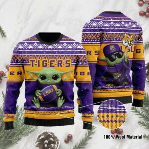 LSU Tigers Grogu Baby Yoda Hug Logo Ugly Christmas Sweater