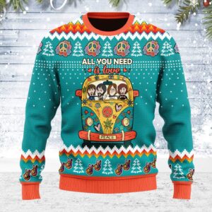 Merry Christmas For Unisex All You Need Is Love Hippie Ugly Christmas Sweater