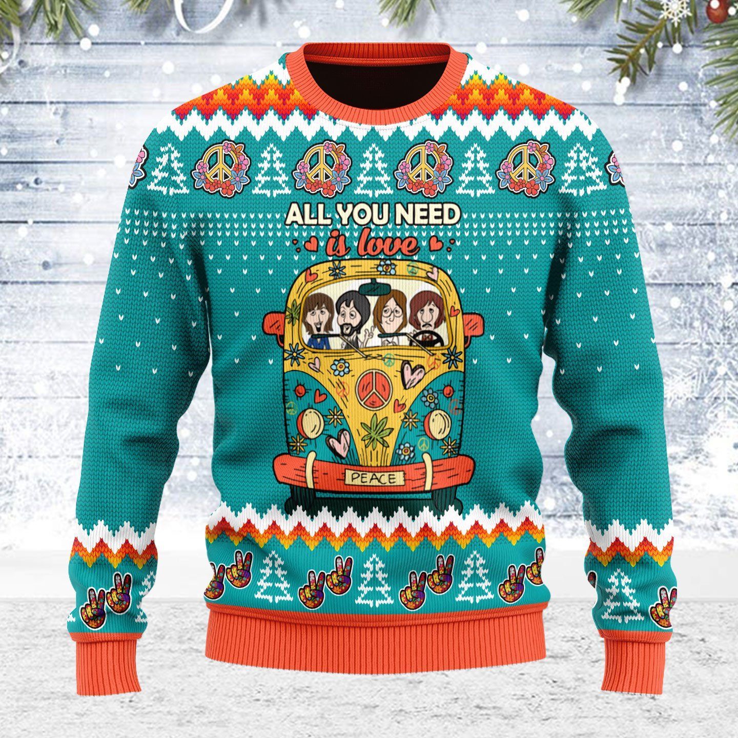Merry Christmas For Unisex All You Need Is Love Hippie Ugly Christmas Sweater Merry Christmas For Unisex All You Need Is Love Hippie Ugly Christmas Sweater