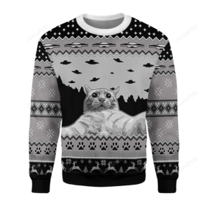 Merry Christmas Gearhomies UFO Cat Funny Cat Selfie Ugly Christmas Sweater