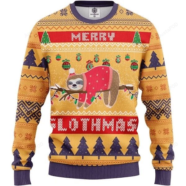 Merry Slothmas Yellow Ugly Christmas Sweater Merry Slothmas Yellow Ugly Christmas Sweater