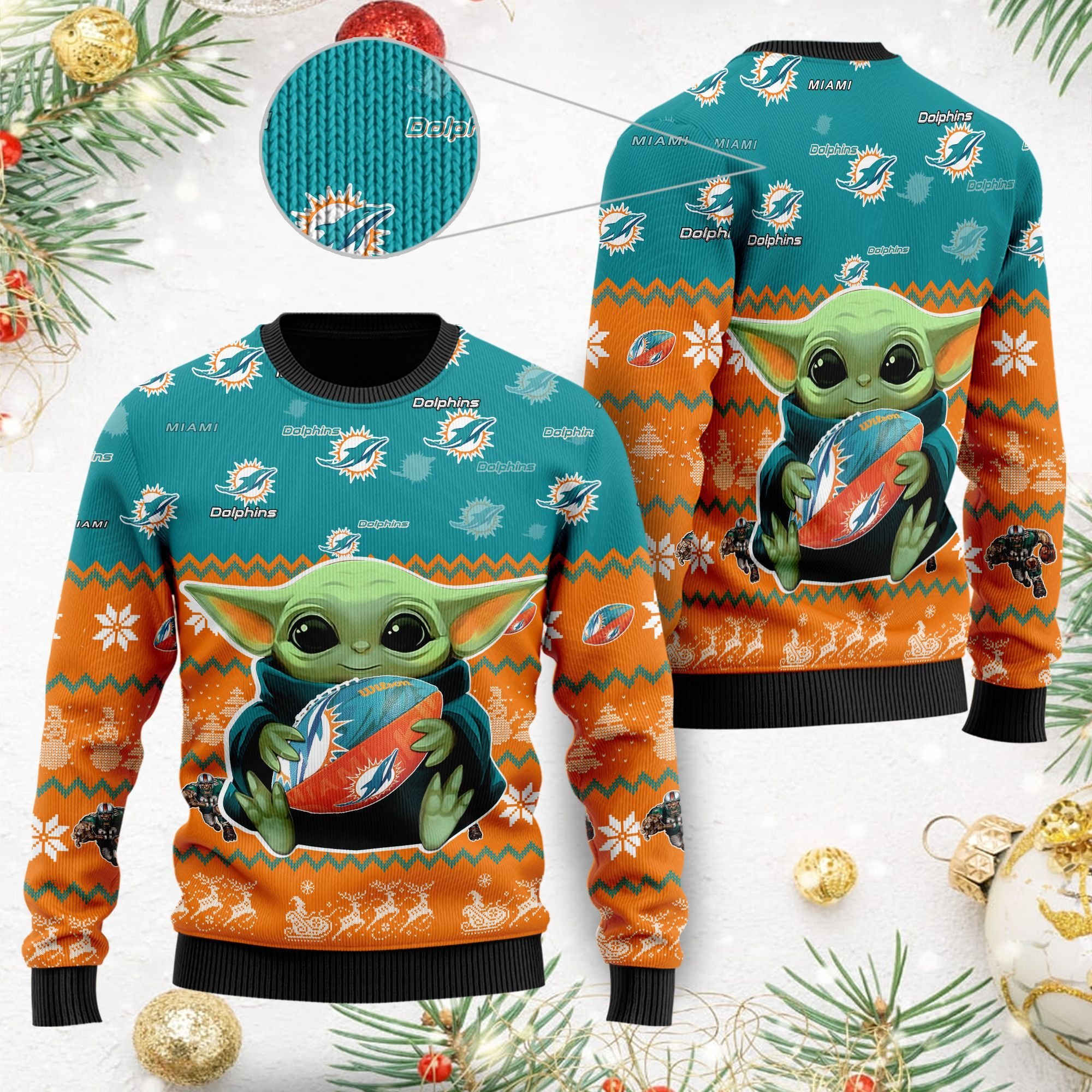 Miami Dolphins Baby Yoda Ugly Christmas Sweater Miami Dolphins Baby Yoda Ugly Christmas Sweater