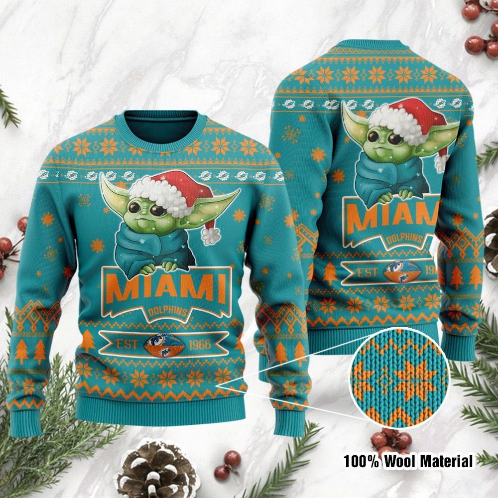 Miami Dolphins Cute Baby Yoda Grogu Holiday Party Ugly Christmas Sweater Miami Dolphins Cute Baby Yoda Grogu Holiday Party Ugly Christmas Sweater