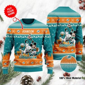 Miami Dolphins Disney Donald Duck Mickey Mouse Goofy Personalized Ugly Christmas Sweater