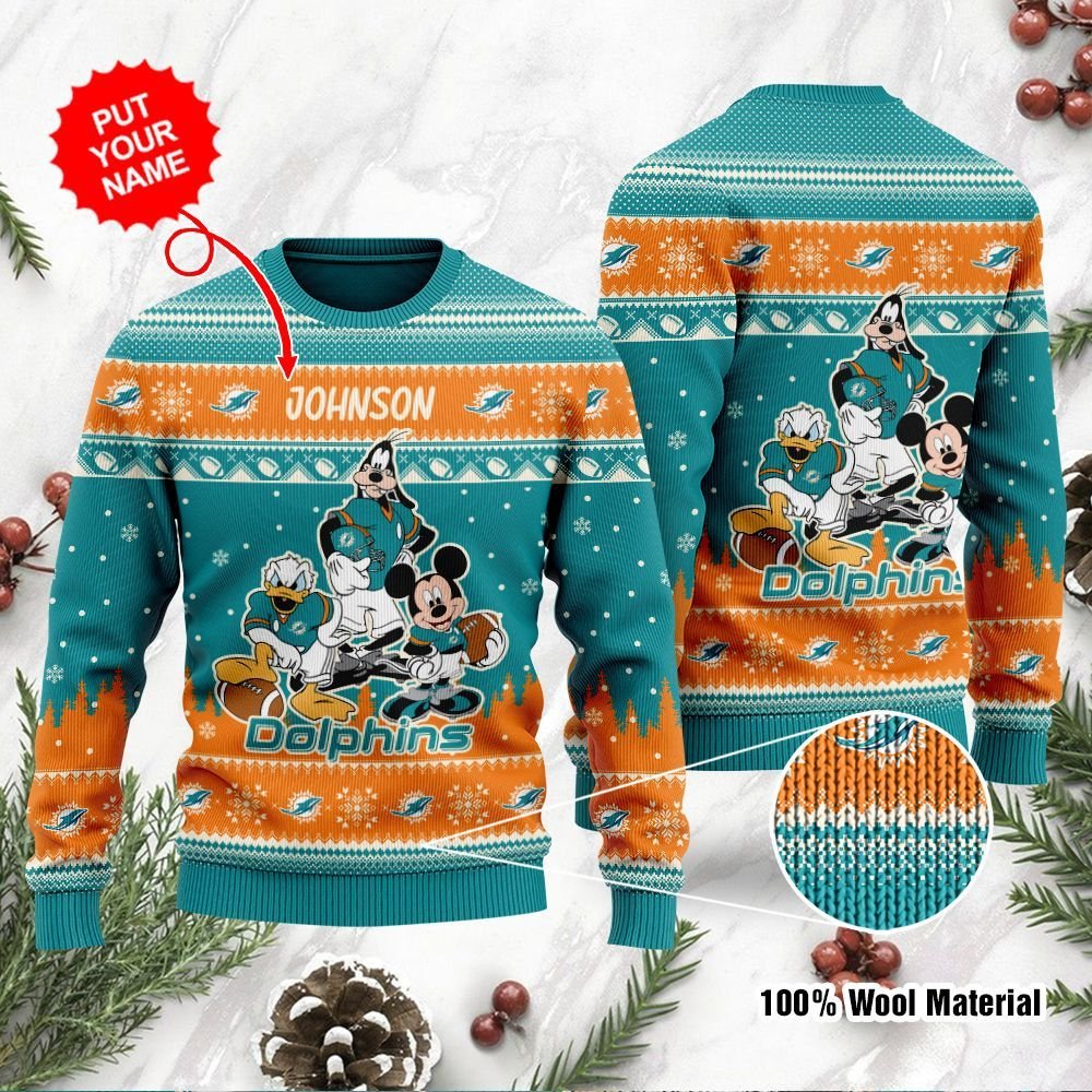 Miami Dolphins Disney Donald Duck Mickey Mouse Goofy Personalized Ugly Christmas Sweater Miami Dolphins Disney Donald Duck Mickey Mouse Goofy Personalized Ugly Christmas Sweater