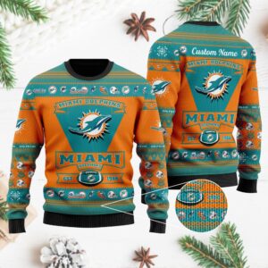 Miami Dolphins Football Team Logo Custom Name Personalized Ugly Christmas Sweater
