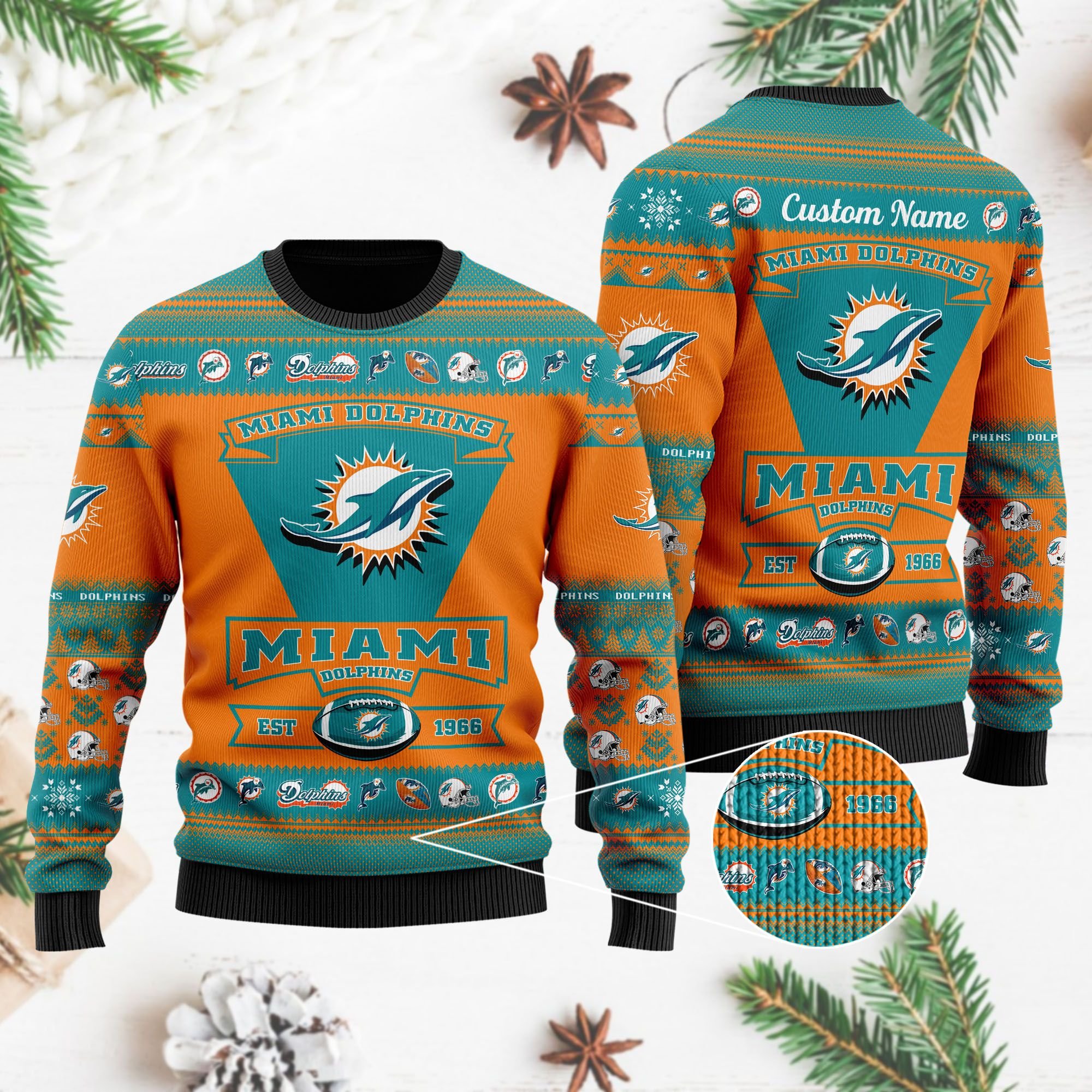 Miami Dolphins Football Team Logo Custom Name Personalized Ugly Christmas Sweater Miami Dolphins Football Team Logo Custom Name Personalized Ugly Christmas Sweater
