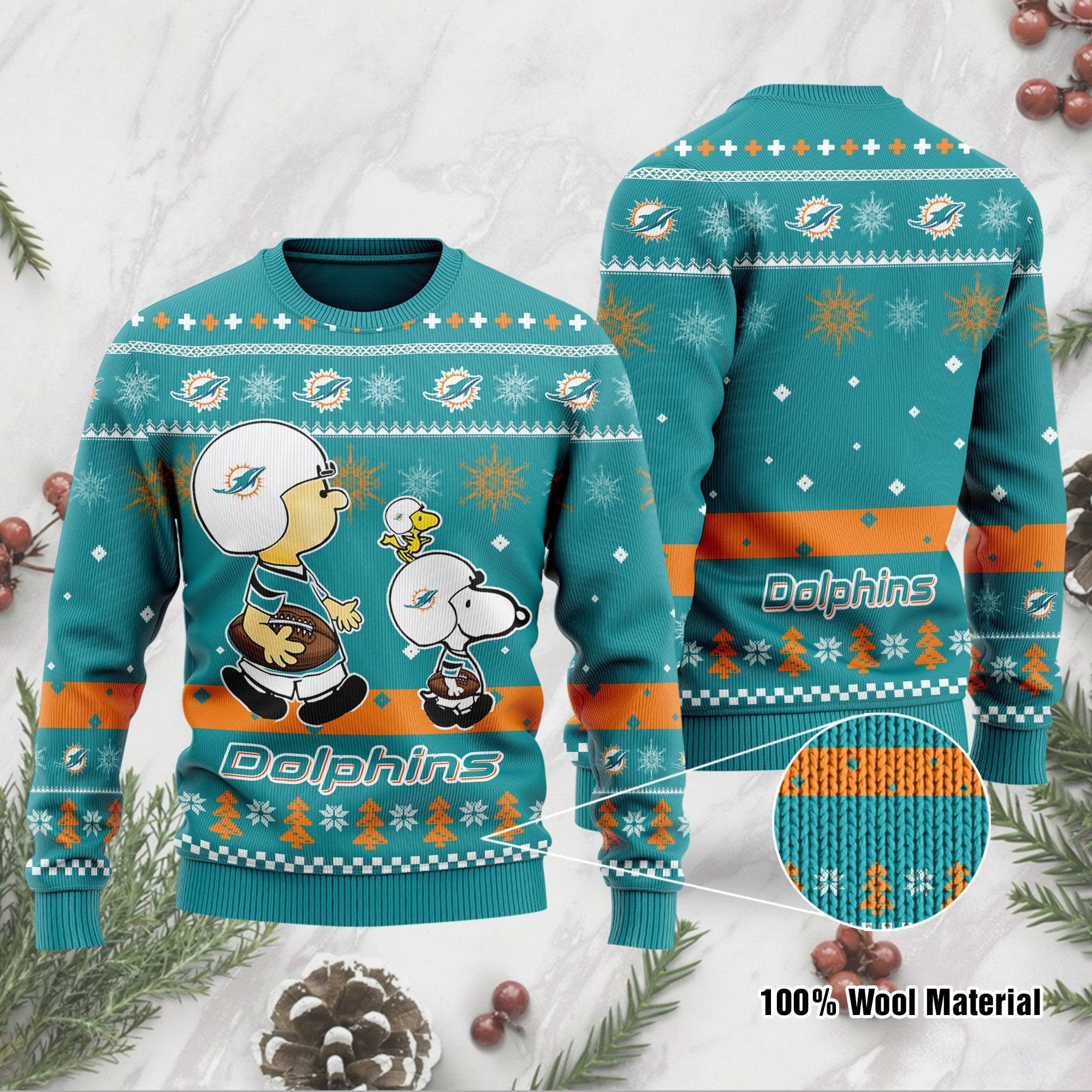 Miami Dolphins Funny Charlie Brown Peanuts Snoopy Ugly Christmas Sweater Miami Dolphins Funny Charlie Brown Peanuts Snoopy Ugly Christmas Sweater