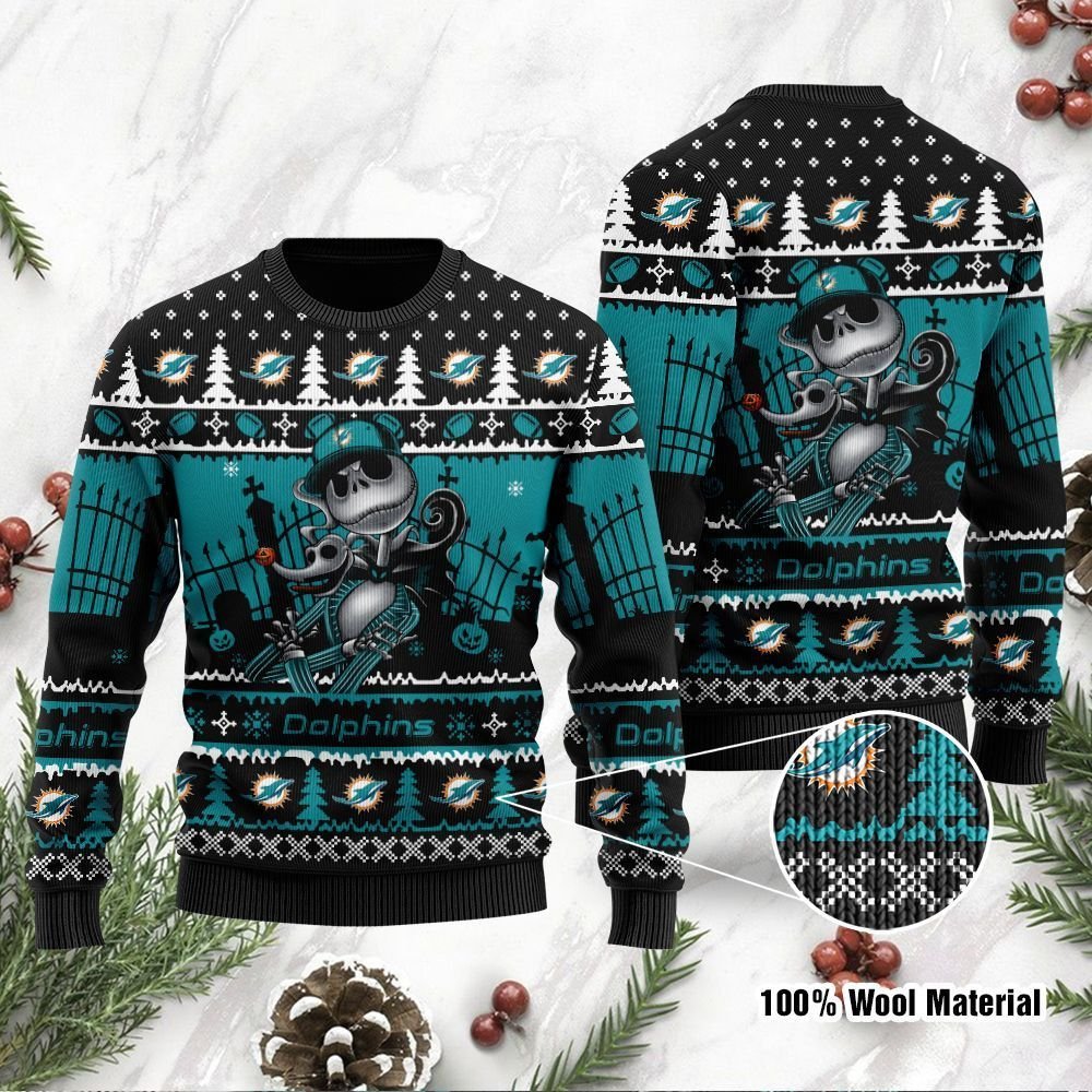Miami Dolphins Jack Skellington Halloween Ugly Christmas Sweater Miami Dolphins Jack Skellington Halloween Ugly Christmas Sweater