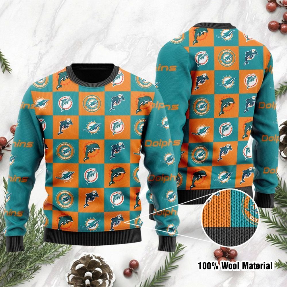 Miami Dolphins Logo Checkered Flannel Design Ugly Christmas Sweater Miami Dolphins Logo Checkered Flannel Design Ugly Christmas Sweater