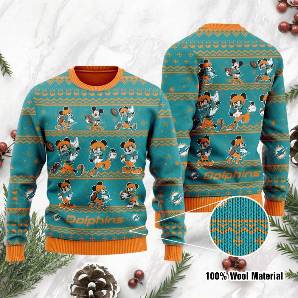 Miami Dolphins Mickey Mouse Holiday Party Ugly Christmas Sweater Miami Dolphins Mickey Mouse Holiday Party Ugly Christmas Sweater
