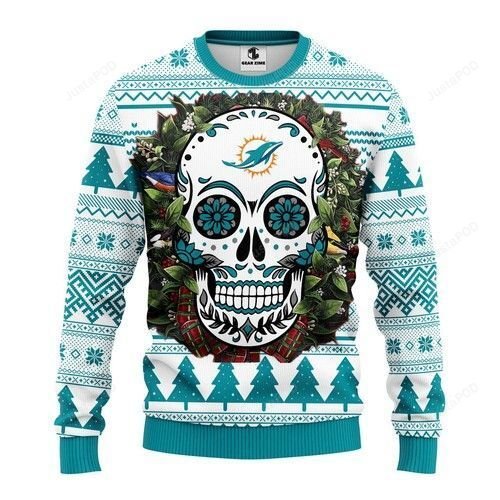 Miami Dolphins Skull Flower Ugly Christmas Sweater Miami Dolphins Skull Flower Ugly Christmas Sweater