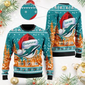 Miami Dolphins Symbol Wearing Santa Claus Hat Ho Ho Ho Custom Personalized Ugly Christmas Sweater