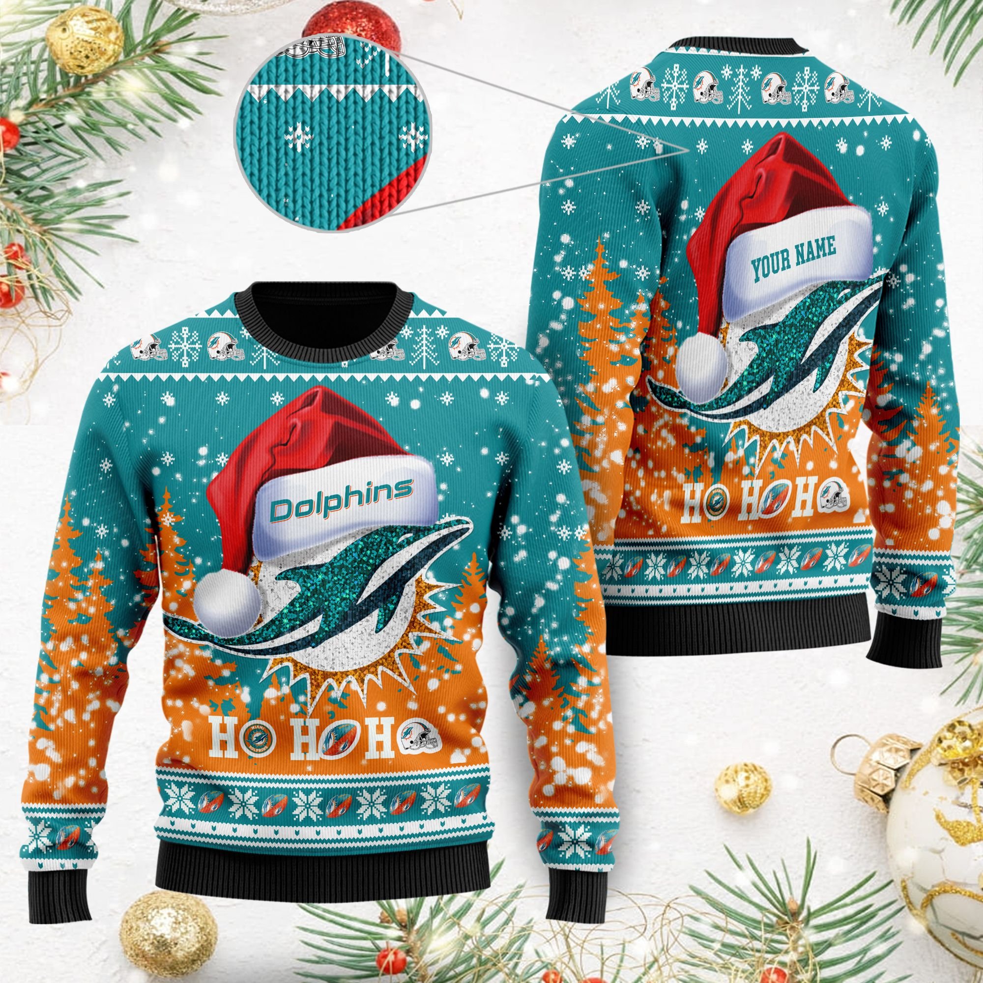 Miami Dolphins Symbol Wearing Santa Claus Hat Ho Ho Ho Custom Personalized Ugly Christmas Sweater Miami Dolphins Symbol Wearing Santa Claus Hat Ho Ho Ho Custom Personalized Ugly Christmas Sweater