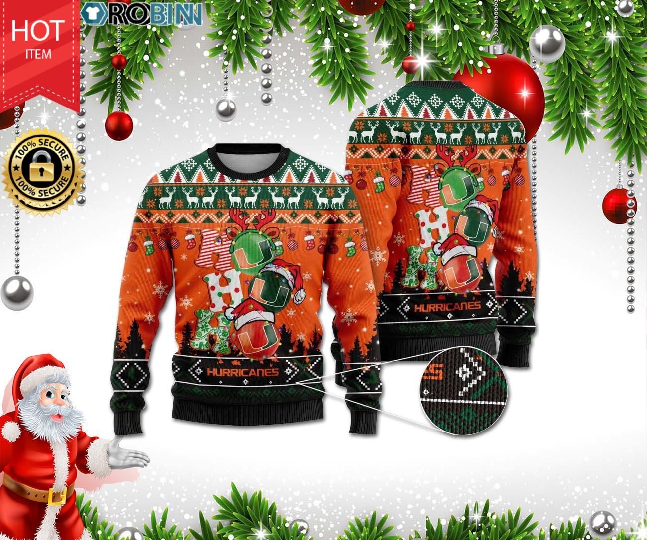 Miami Hurricanes Ho Ho Ho 3D Print Christmas Wool Sweater Miami Hurricanes Ho Ho Ho 3D Print Christmas Wool Sweater
