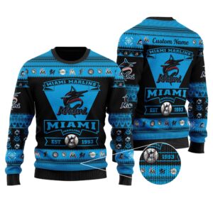 Miami Marlins Football Team Logo Custom Name Personalized Ugly Christmas Sweater