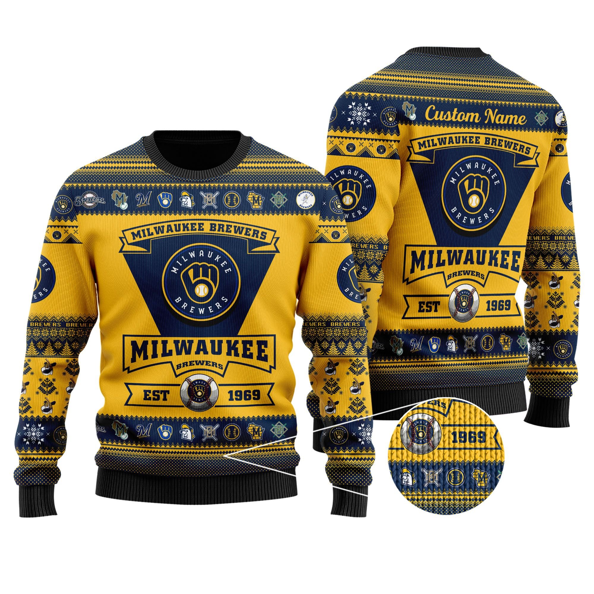 Milwaukee Brewers Football Team Logo Custom Name Personalized Ugly Christmas Sweater Milwaukee Brewers Football Team Logo Custom Name Personalized Ugly Christmas Sweater