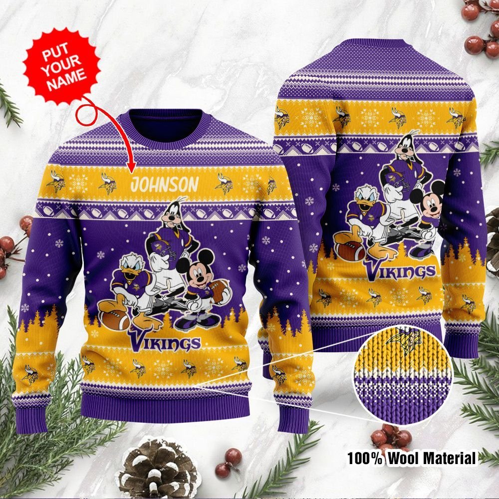 Minnesota Vikings Disney Donald Duck Mickey Mouse Goofy Personalized Ugly Christmas Sweater Minnesota Vikings Disney Donald Duck Mickey Mouse Goofy Personalized Ugly Christmas Sweater