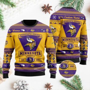 Minnesota Vikings Football Team Logo Custom Name Personalized Ugly Christmas Sweater