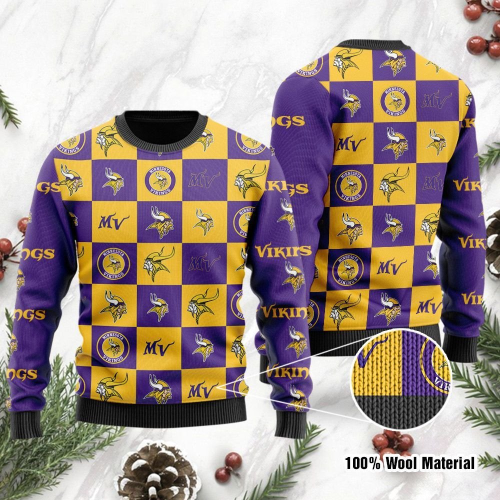 Minnesota Vikings Logo Checkered Flannel Ugly Christmas Sweater Minnesota Vikings Logo Checkered Flannel Ugly Christmas Sweater