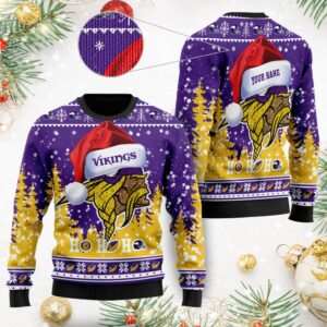 Minnesota Vikings Symbol Wearing Santa Claus Hat Ho Ho Ho Custom Personalized Ugly Christmas Sweater