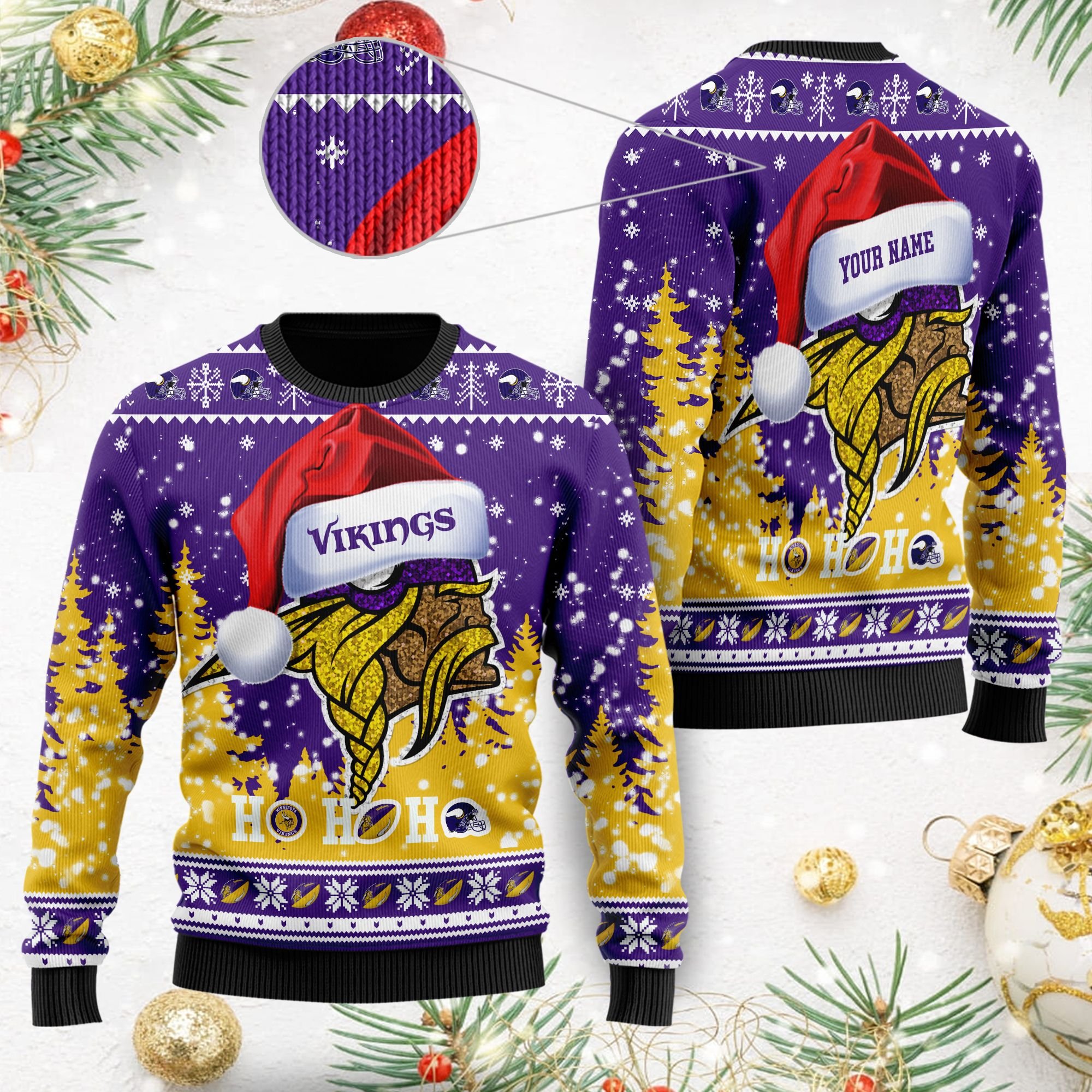Minnesota Vikings Symbol Wearing Santa Claus Hat Ho Ho Ho Custom Personalized Ugly Christmas Sweater Minnesota Vikings Symbol Wearing Santa Claus Hat Ho Ho Ho Custom Personalized Ugly Christmas Sweater
