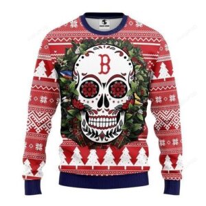 Mlb Boston Red Sox Skull Flower Ugly Christmas Sweater