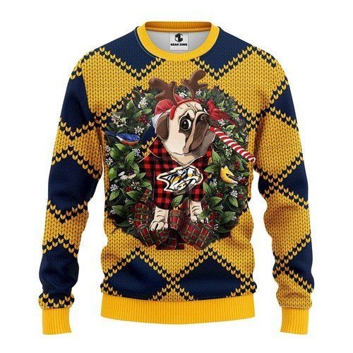 Nashville Predators Pug Dog For Unisex Ugly Christmas Sweater Nashville Predators Pug Dog For Unisex Ugly Christmas Sweater