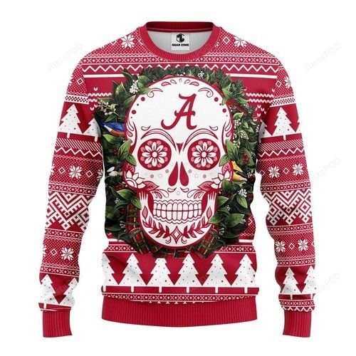 Ncaa Alabama Crimson Tide Skull Flower Ugly Christmas Sweater Ncaa Alabama Crimson Tide Skull Flower Ugly Christmas Sweater