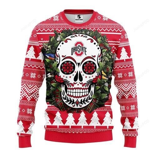 Ncaa Ohio State Buckeyes Skull Flower Ugly Christmas Sweater Ncaa Ohio State Buckeyes Skull Flower Ugly Christmas Sweater