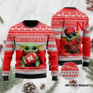 Nebraska Cornhuskers Grogu Baby Yoda Hug Logo Ugly Christmas Sweater