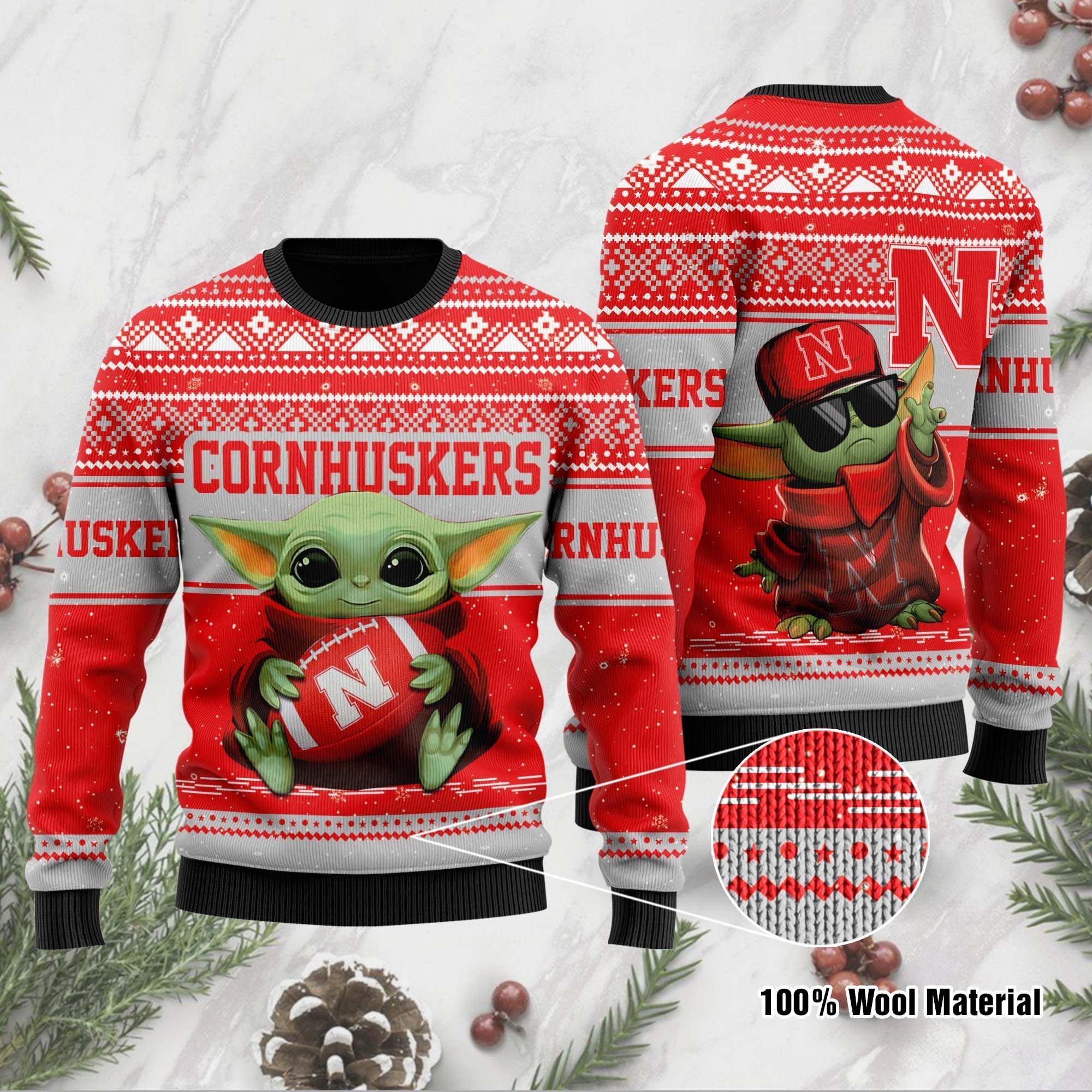 Nebraska Cornhuskers Grogu Baby Yoda Hug Logo Ugly Christmas Sweater Nebraska Cornhuskers Grogu Baby Yoda Hug Logo Ugly Christmas Sweater