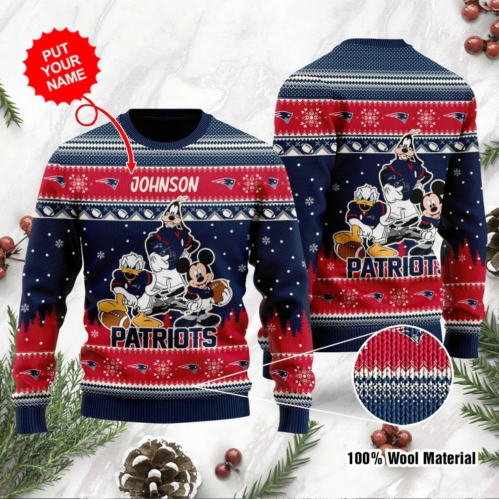 New England Patriots Disney Donald Duck Mickey Mouse Goofy Personalized Ugly Christmas Sweater New England Patriots Disney Donald Duck Mickey Mouse Goofy Personalized Ugly Christmas Sweater