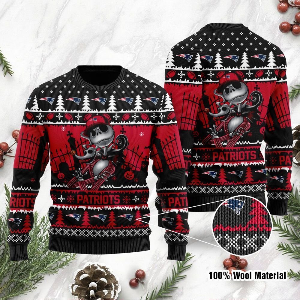 New England Patriots Jack Skellington Halloween Ugly Christmas Sweater New England Patriots Jack Skellington Halloween Ugly Christmas Sweater