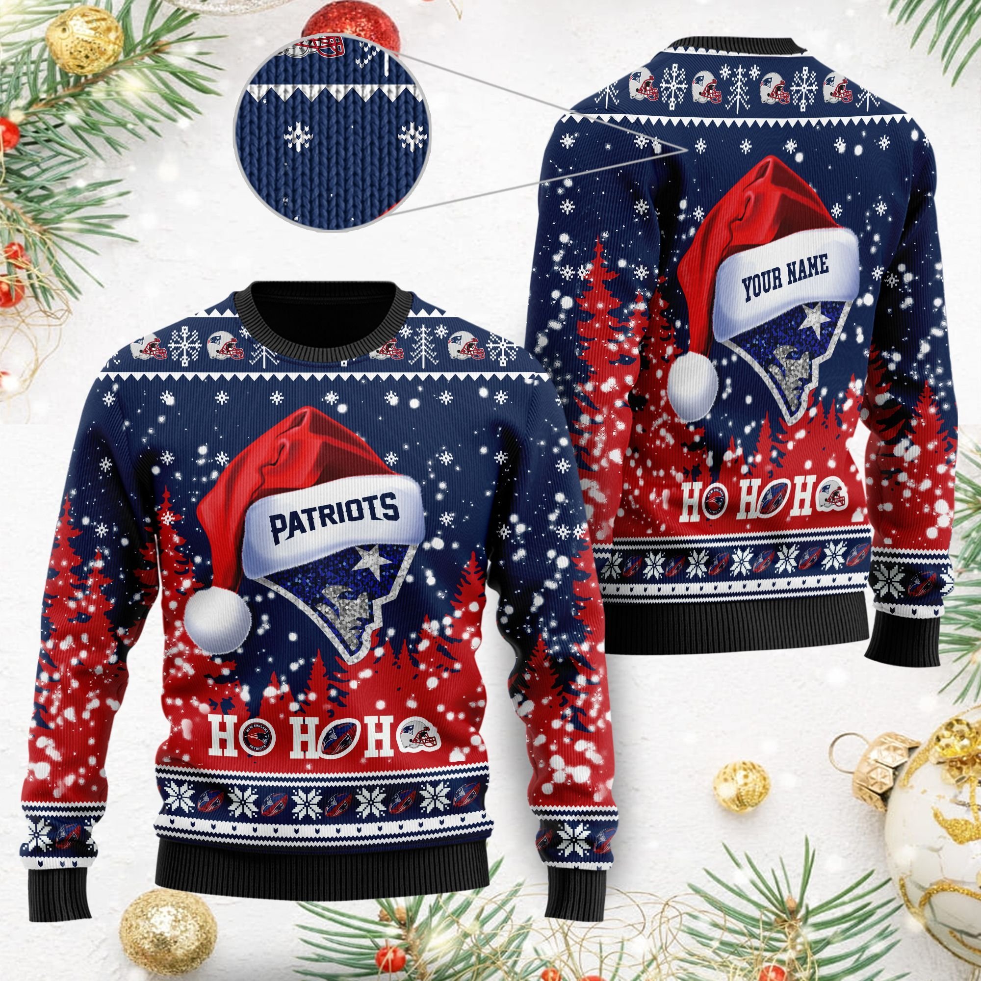 New England Patriots Symbol Wearing Santa Claus Hat Ho Ho Ho Ugly Christmas Sweater New England Patriots Symbol Wearing Santa Claus Hat Ho Ho Ho Ugly Christmas Sweater