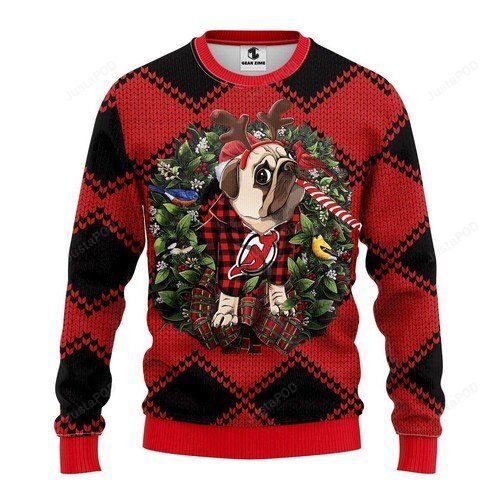 New Jersey Devils Pug Dog For Unisex Ugly Christmas Sweater New Jersey Devils Pug Dog For Unisex Ugly Christmas Sweater