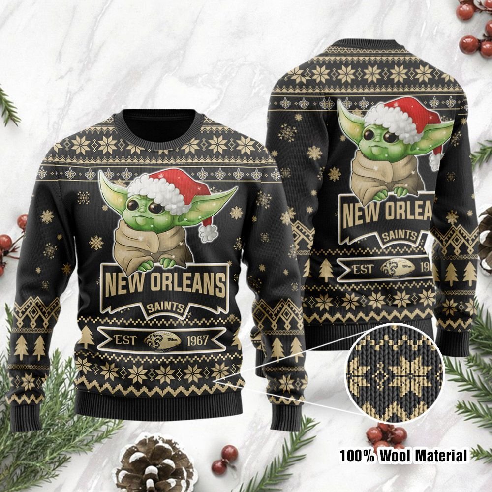 New Orleans Saints Cute Baby Yoda Grogu Holiday Party Ugly Christmas Sweater New Orleans Saints Cute Baby Yoda Grogu Holiday Party Ugly Christmas Sweater