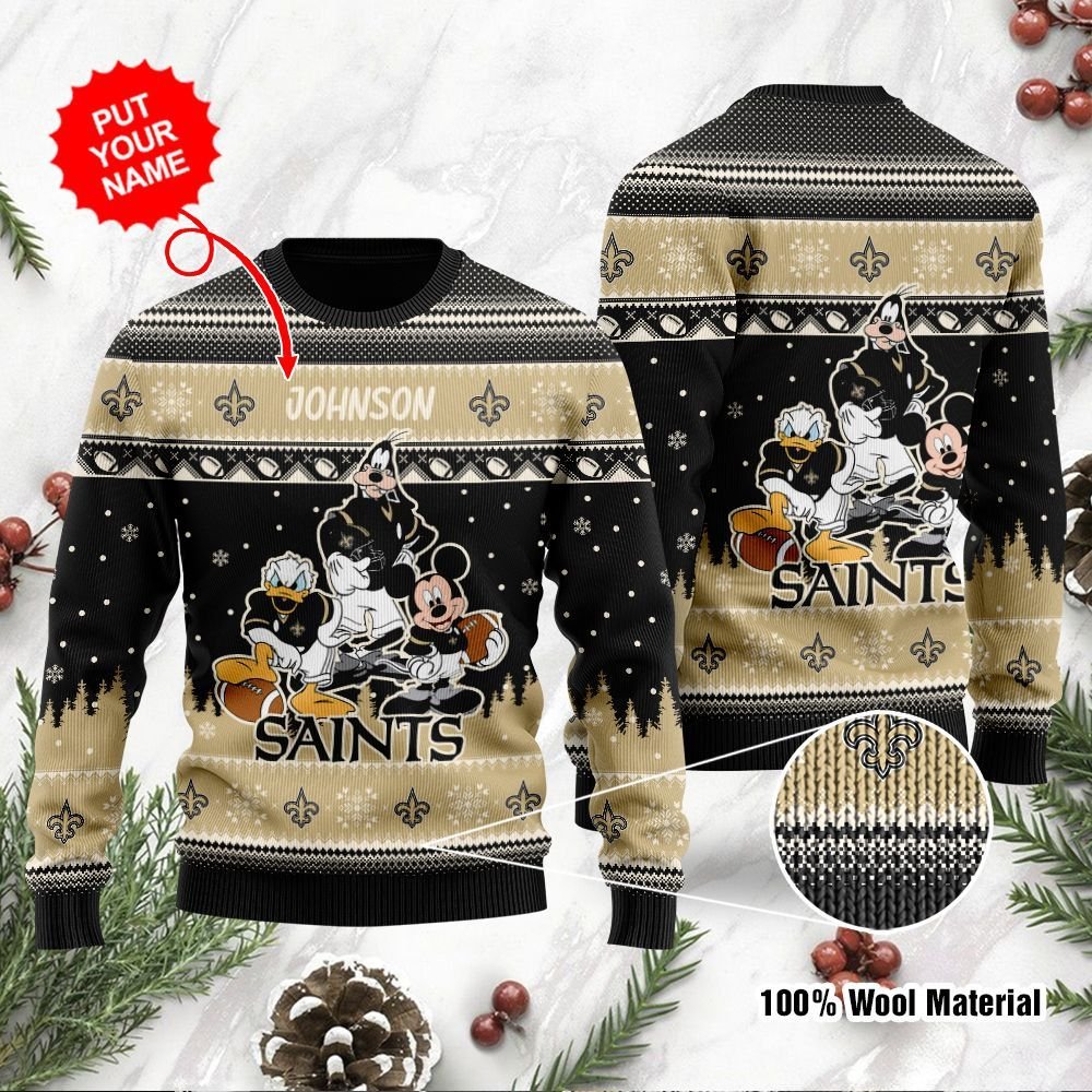 New Orleans Saints Disney Donald Duck Mickey Mouse Goofy Personalized Ugly Christmas Sweater New Orleans Saints Disney Donald Duck Mickey Mouse Goofy Personalized Ugly Christmas Sweater