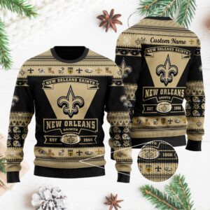 New Orleans Saints Football Team Logo Custom Name Personalized Ugly Christmas Sweater
