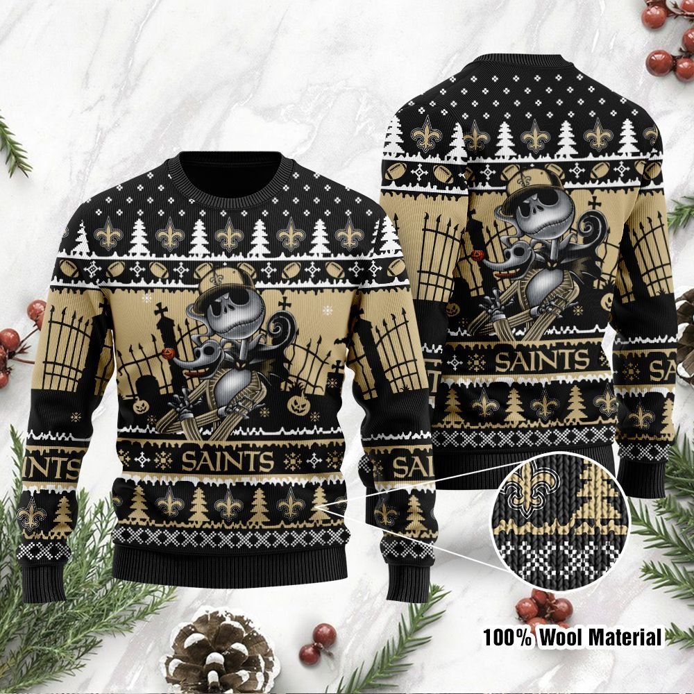New Orleans Saints Jack Skellington Halloween Holiday Party Ugly Christmas Sweater New Orleans Saints Jack Skellington Halloween Holiday Party Ugly Christmas Sweater