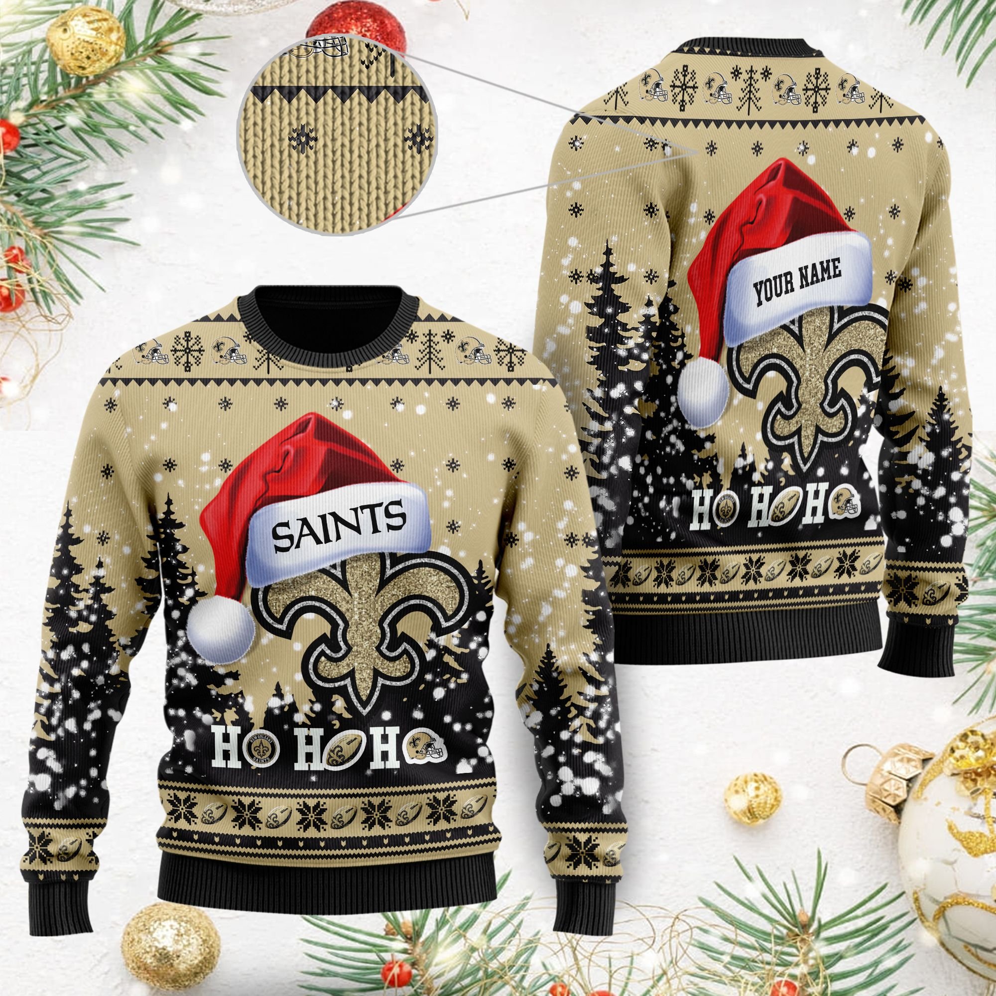 New Orleans Saints Symbol Wearing Santa Claus Hat Ho Ho Ho Personalized Ugly Christmas Sweater New Orleans Saints Symbol Wearing Santa Claus Hat Ho Ho Ho Personalized Ugly Christmas Sweater