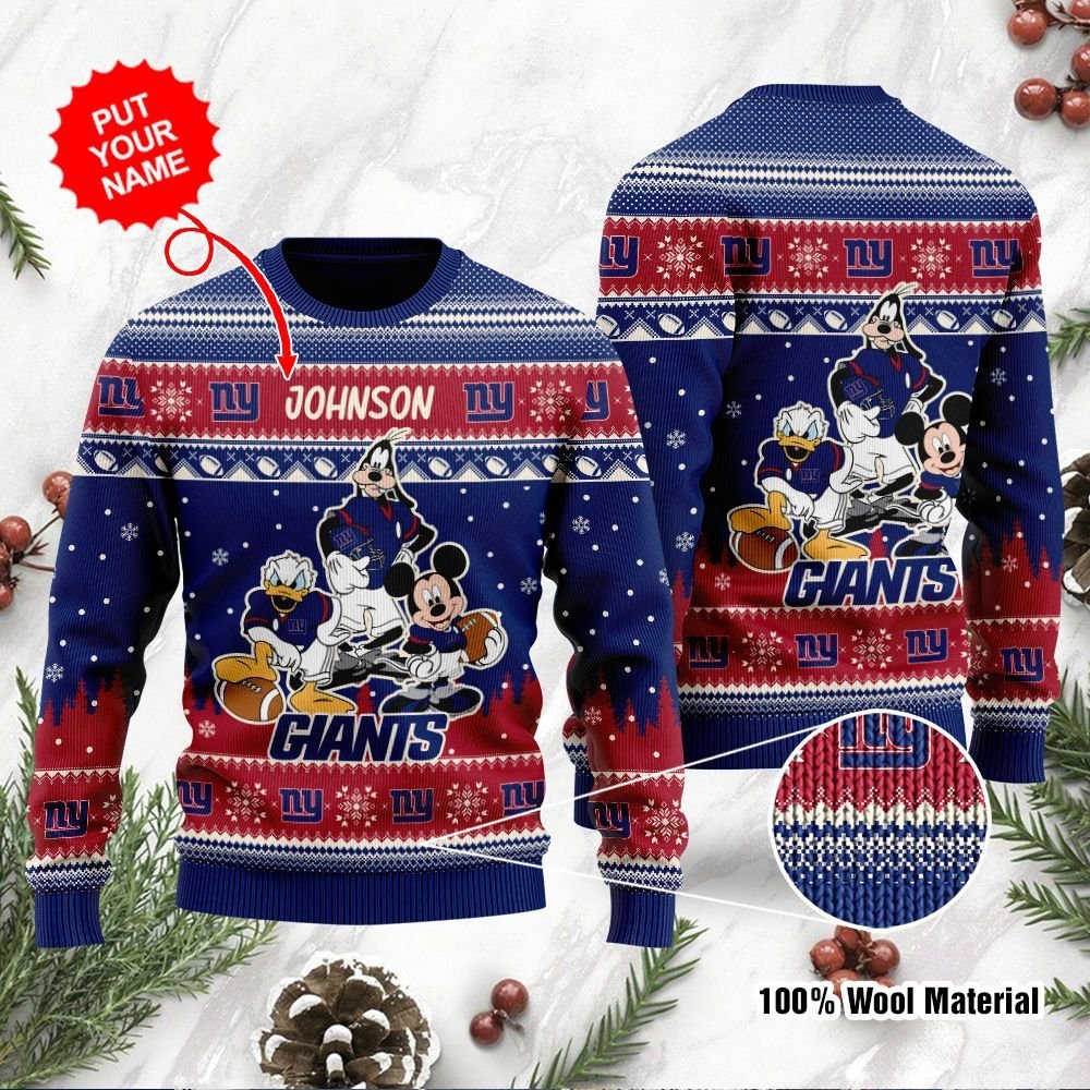 New York Giants Disney Donald Duck Mickey Mouse Goofy Personalized Ugly Christmas Sweater New York Giants Disney Donald Duck Mickey Mouse Goofy Personalized Ugly Christmas Sweater