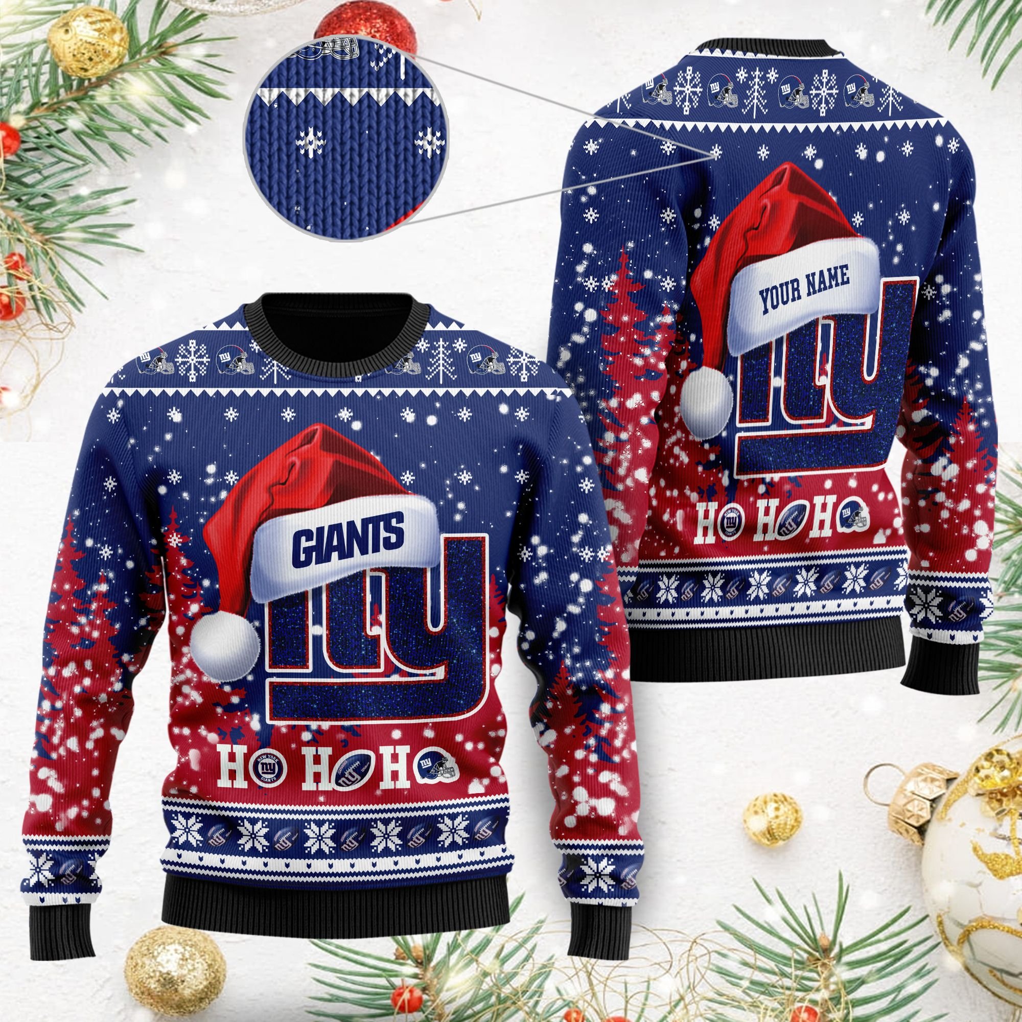 New York Giants Symbol Wearing Santa Claus Hat Ho Ho Ho Custom Personalized Ugly Christmas Sweater New York Giants Symbol Wearing Santa Claus Hat Ho Ho Ho Custom Personalized Ugly Christmas Sweater